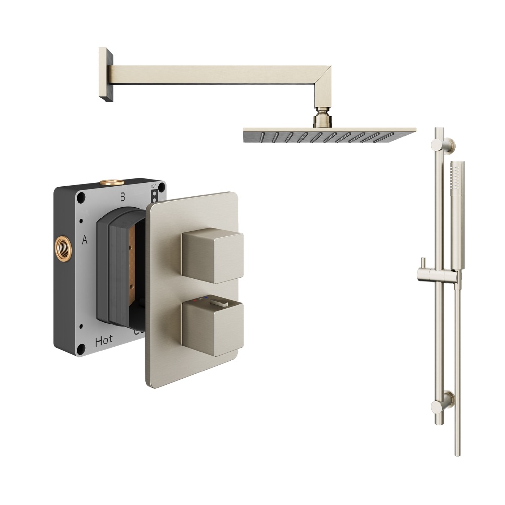 Product Cut out image of the Abacus Square Brushed Nickel 2 Outlet Shower Pack with Fixed Head & Slide Rail